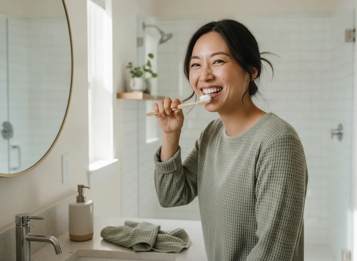 Smiling person brushing their teeth in a bright bathroom at home