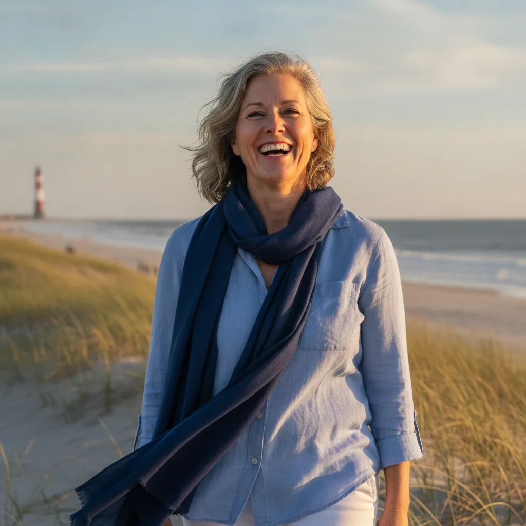 Smiling Wrightsville Dental patient enjoying the Wilmington coast